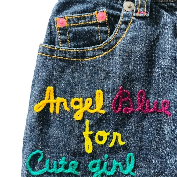 Angel Blue Japanese Embroidered Denim Jean Skirt Girls Size Medium Patchwork - Picture 2 of 8